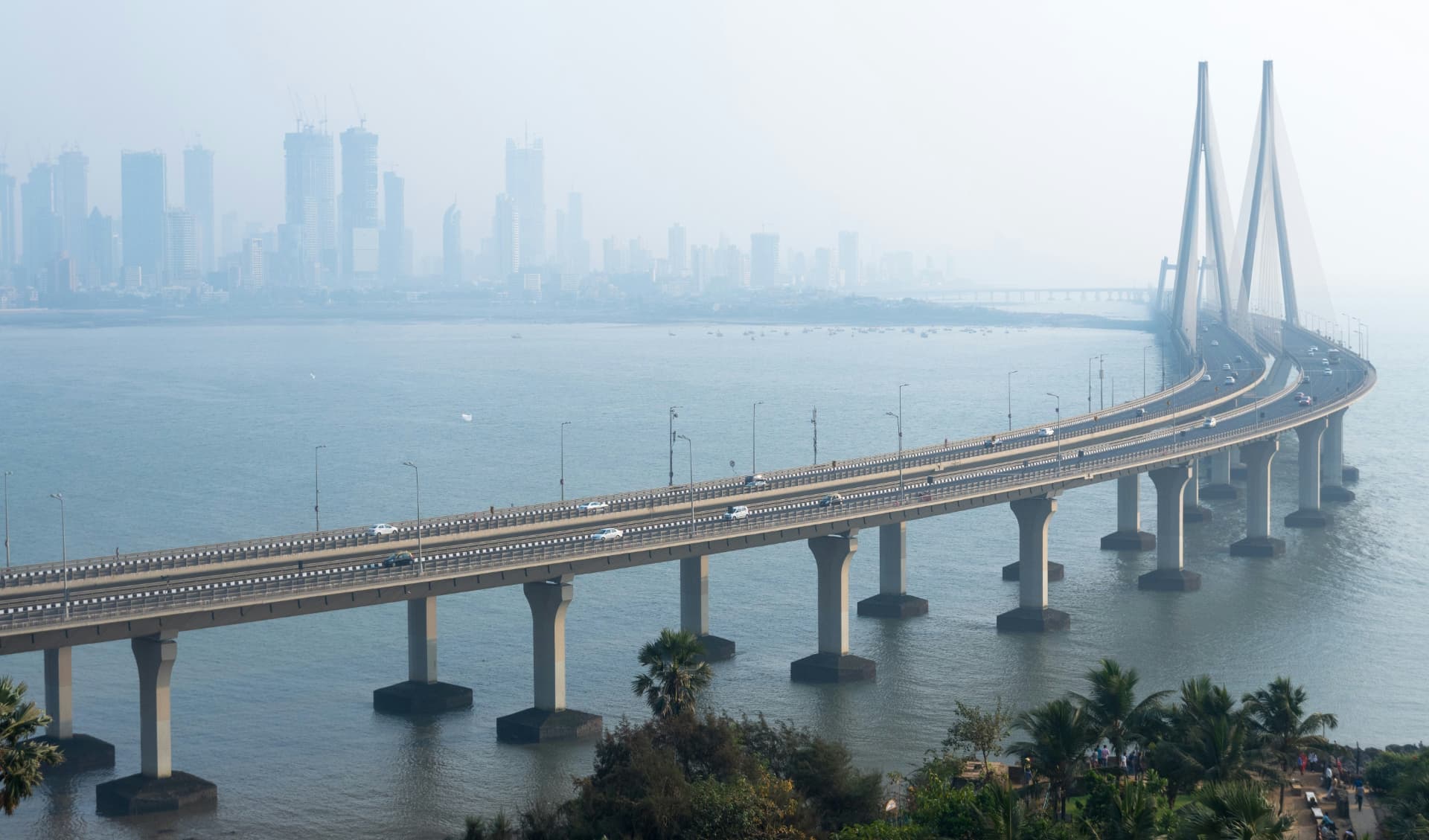 Bandra-Worli Sea Link crossing Mumbai Bay toward the skyline